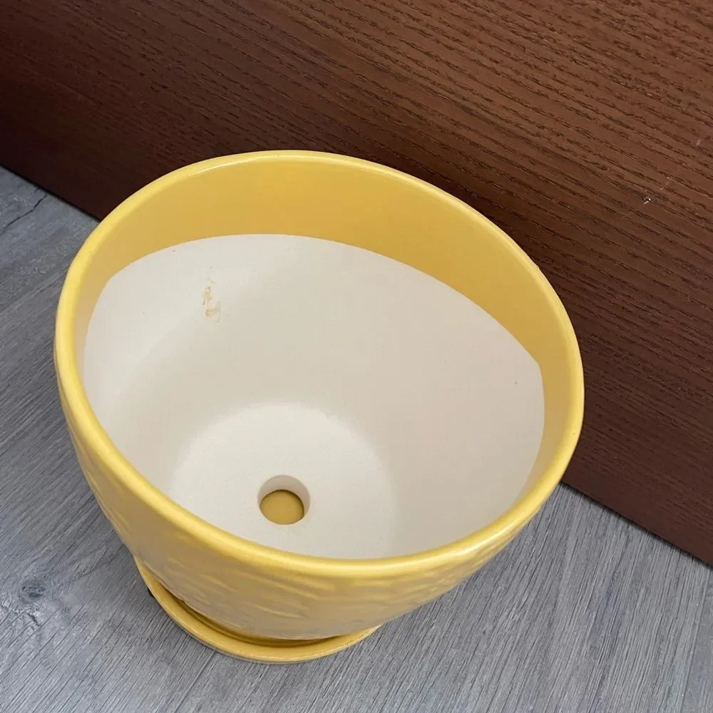 Multi Floral Yellow Ceramic Planter Pot with Saucer Attached